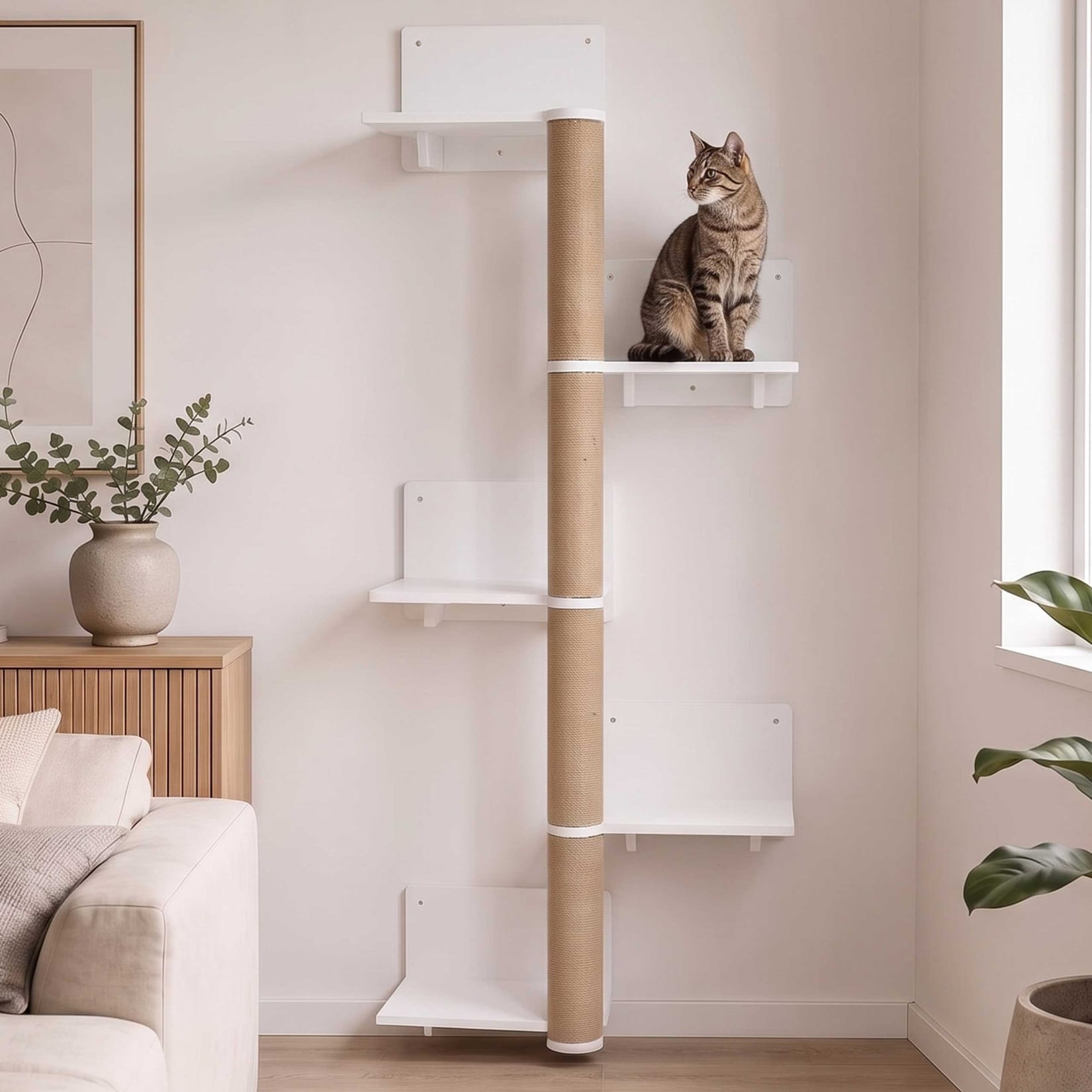 Kletterwand MCW-Q58, Katzenwand Kletterbaum Wandkratzbaum Kletterregal Plattform 5 Stufen, Holz MVG 147x62x27cm ~ weiß