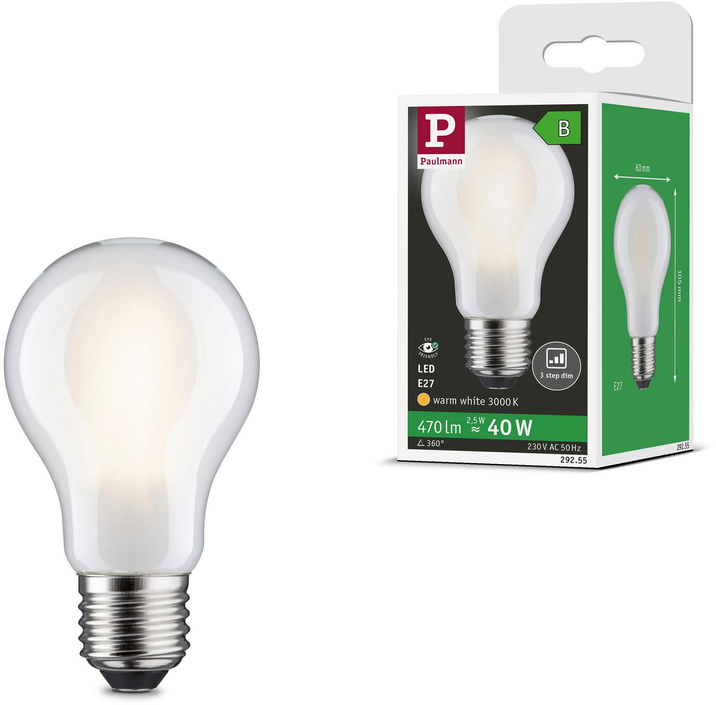 Paulmann LED-Leuchtmittel Eco-Line Filament 230V LED Birne E27 470lm 2,5W 3000K dimmbar Matt, E27, 1 St., Warmweiß