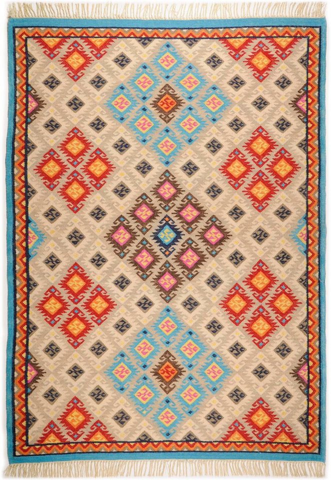 THEKO Wollteppich Kelim Royal 2, Handwebteppich, rechteckig, Höhe: 5 mm, Flachgewebe, reine Wolle, handgewebt, mit Fransen, Wohnzimmer Bild 5