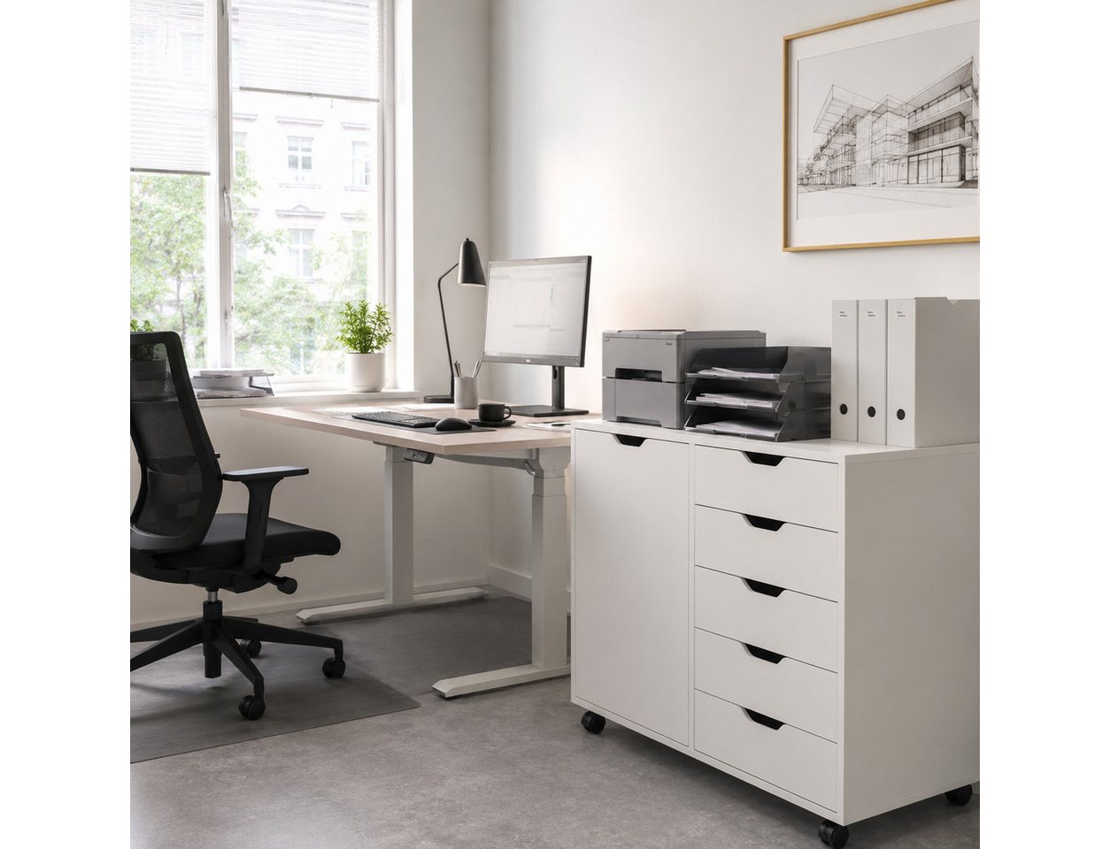 DEVAISE Rollcontainer Mobiler Aktenschrank mit 5 Schubladen & Tür, (78x40x65cm), abschließbar, Druckerständer, für Homeoffice, Büro Bild 3