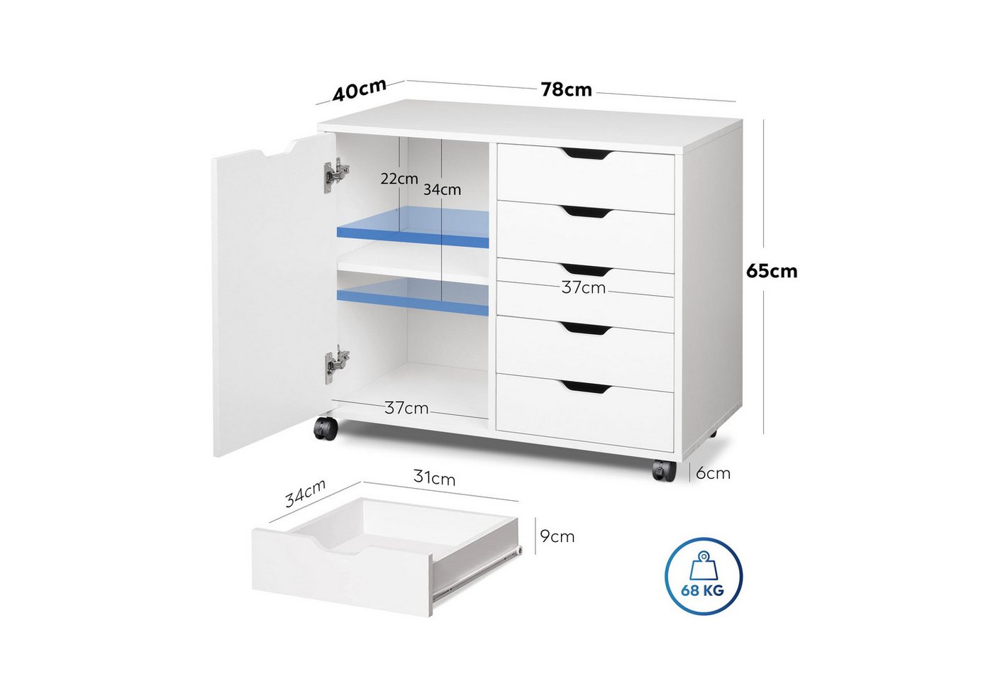 DEVAISE Rollcontainer Mobiler Aktenschrank mit 5 Schubladen & Tür, (78x40x65cm), abschließbar, Druckerständer, für Homeoffice, Büro Bild 5