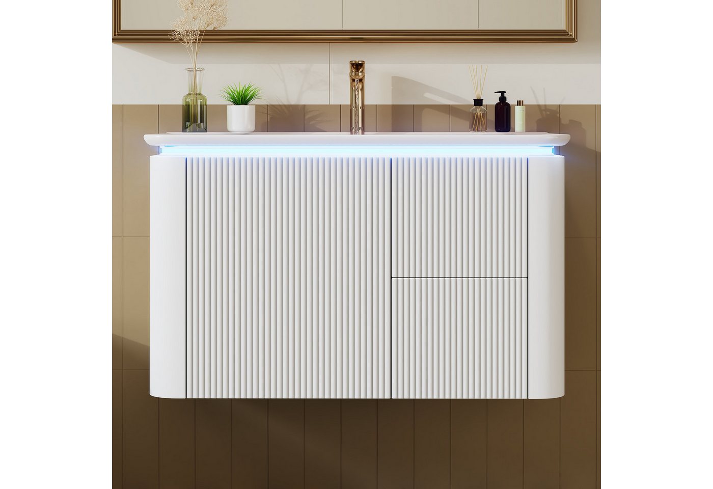 Merax Waschbeckenunterschrank Waschtischunterschrank hängend (1-St., Badezimmerschrank mit Keramik-Waschbecken) LED-Radar-Bewegungssensorleuchte, 3 Schubladen