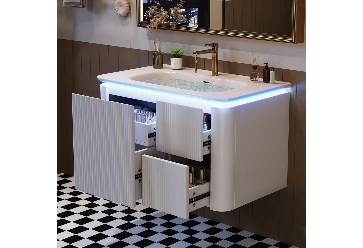 Merax Waschbeckenunterschrank Waschtischunterschrank hängend (1-St., Badezimmerschrank mit Keramik-Waschbecken) LED-Radar-Bewegungssensorleuchte, 3 Schubladen Bild 2