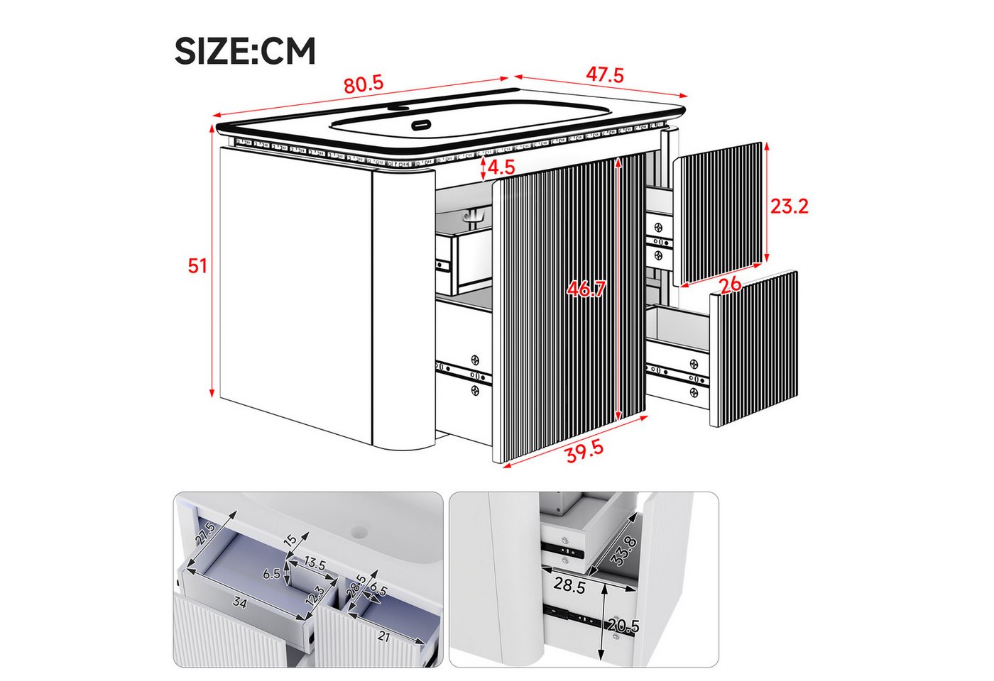 Merax Waschbeckenunterschrank Waschtischunterschrank hängend (1-St., Badezimmerschrank mit Keramik-Waschbecken) LED-Radar-Bewegungssensorleuchte, 3 Schubladen Bild 3