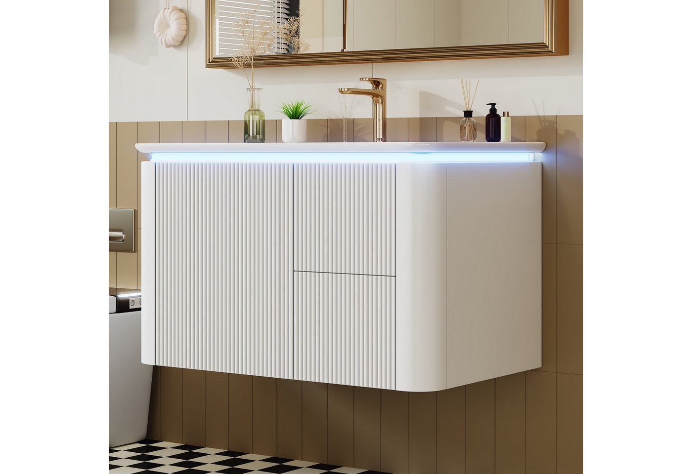 Merax Waschbeckenunterschrank Waschtischunterschrank hängend (1-St., Badezimmerschrank mit Keramik-Waschbecken) LED-Radar-Bewegungssensorleuchte, 3 Schubladen Bild 4