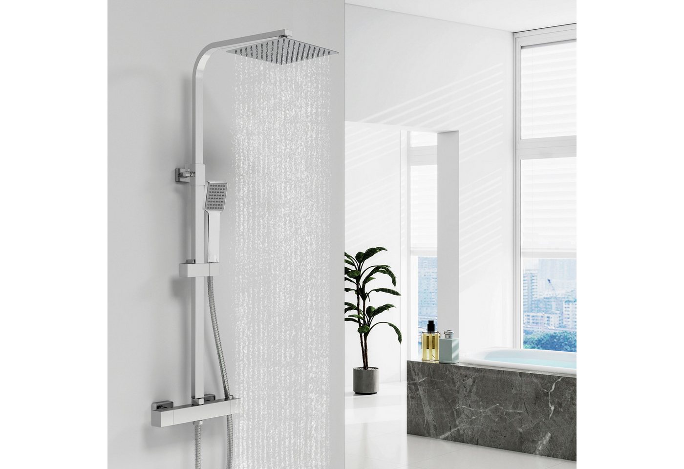 Aica Sanitär Duschsystem AICA 38°C Thermostat-Duschset mit Regendusche & Handbrause, Set, Brauseschlauch mit Verdrehschutz