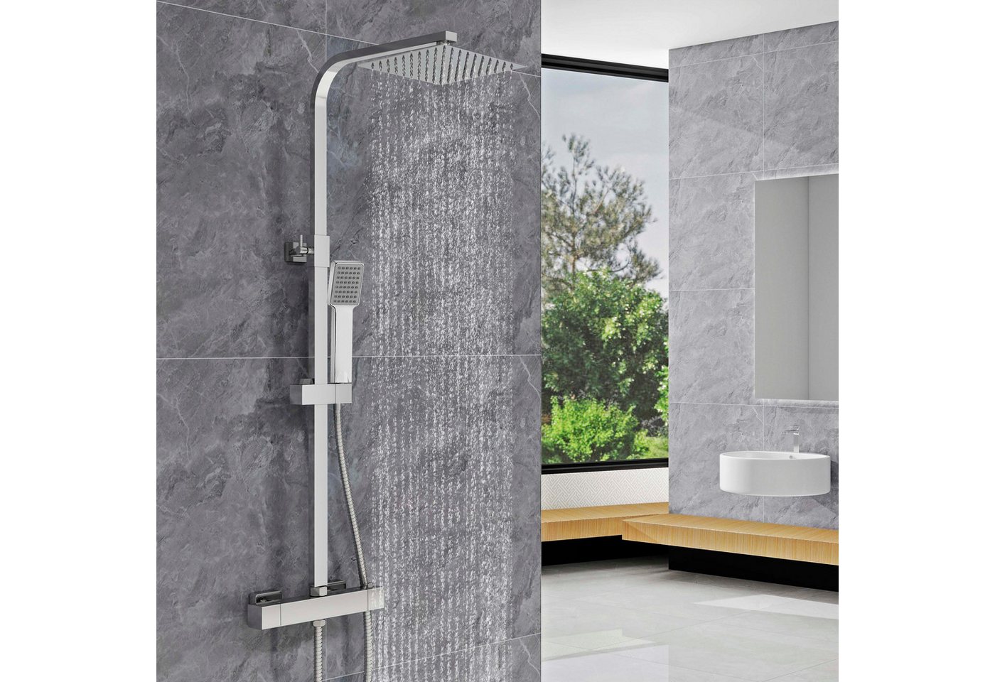 Aica Sanitär Duschsystem AICA 38°C Thermostat-Duschset mit Regendusche & Handbrause, Set, Brauseschlauch mit Verdrehschutz Bild 3