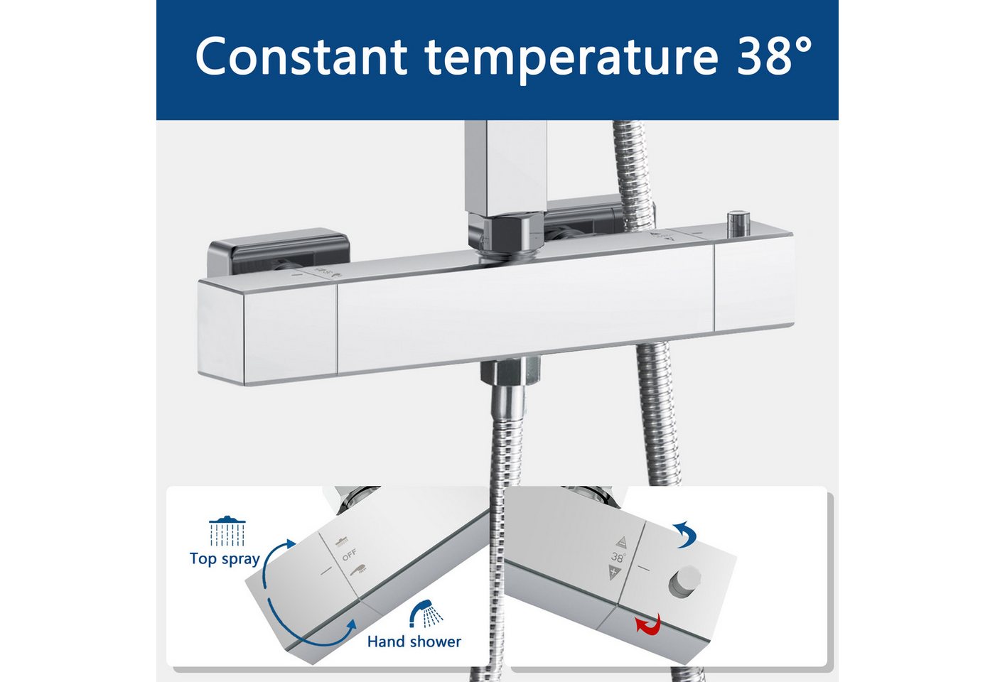 Aica Sanitär Duschsystem AICA 38°C Thermostat-Duschset mit Regendusche & Handbrause, Set, Brauseschlauch mit Verdrehschutz Bild 5