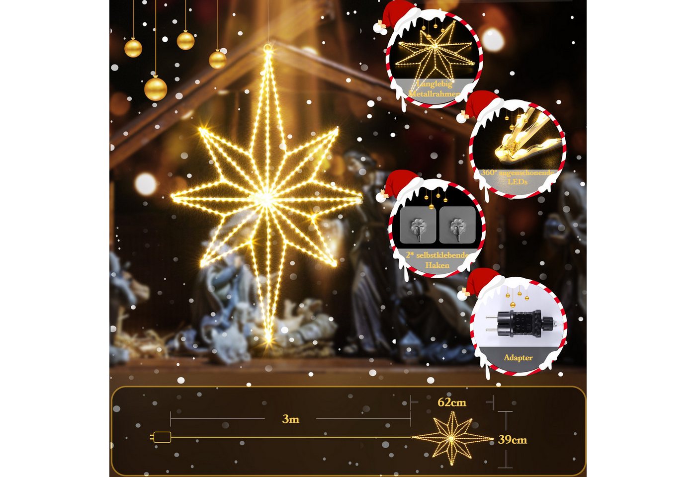Quntis LED-Lichterkette LED Stern Fensterdeko, Warmweiß weihnachtsdeko, Faltbar, mit 3m Kabel, 62×39cm Bethlehemstern, 360 LEDs, IP20, inkl. Haken & Kabelbinder