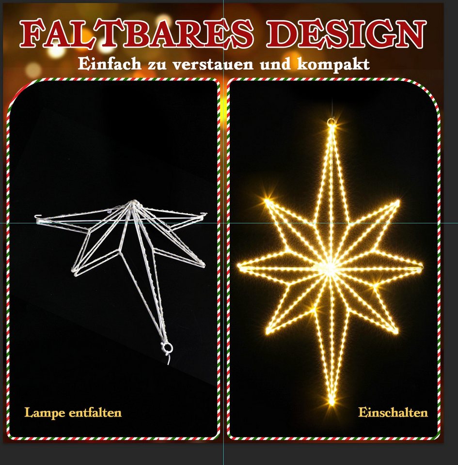 Quntis LED-Lichterkette LED Stern Fensterdeko, Warmweiß weihnachtsdeko, Faltbar, mit 3m Kabel, 62×39cm Bethlehemstern, 360 LEDs, IP20, inkl. Haken & Kabelbinder Bild 2