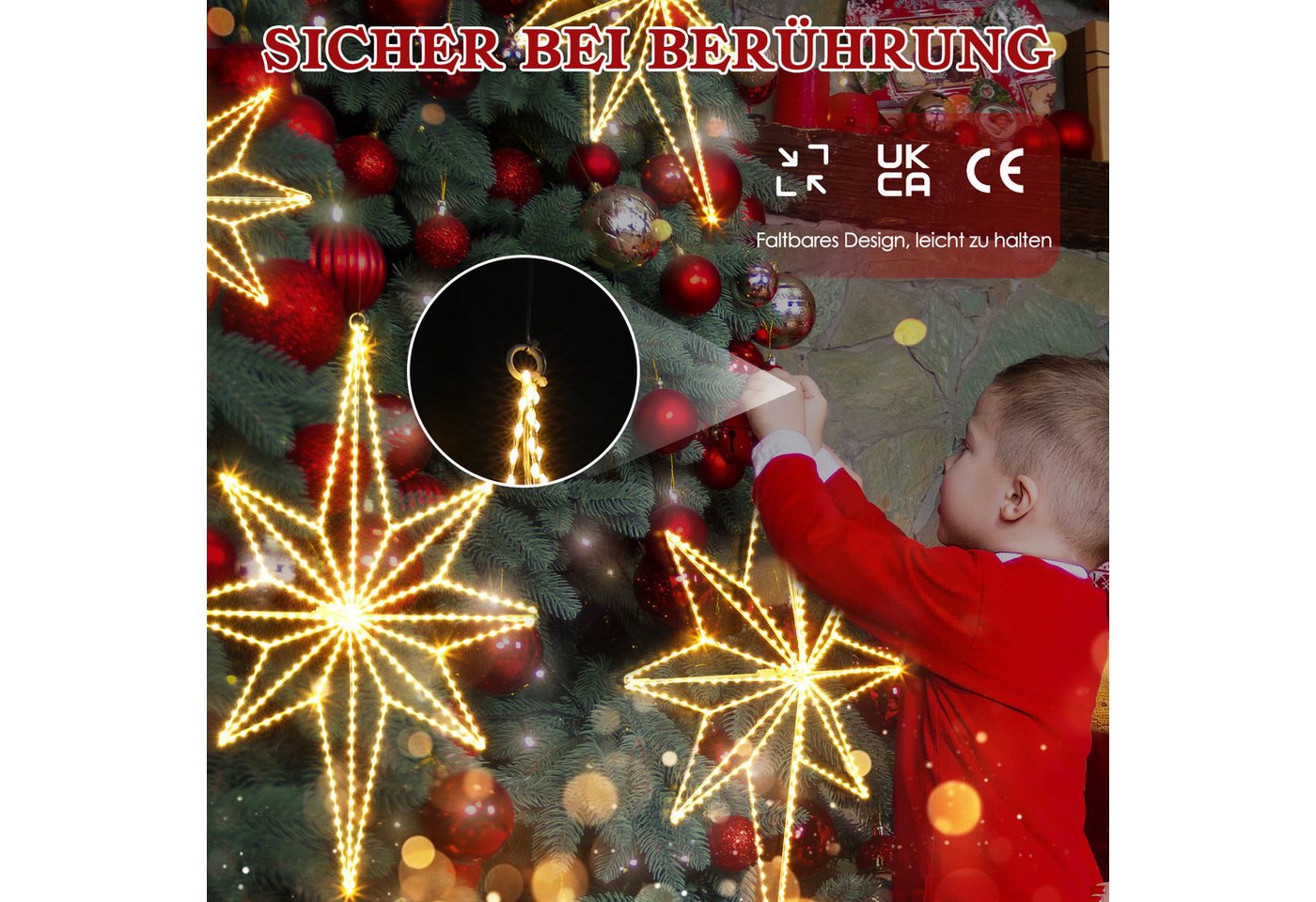 Quntis LED-Lichterkette LED Stern Fensterdeko, Warmweiß weihnachtsdeko, Faltbar, mit 3m Kabel, 62×39cm Bethlehemstern, 360 LEDs, IP20, inkl. Haken & Kabelbinder Bild 3