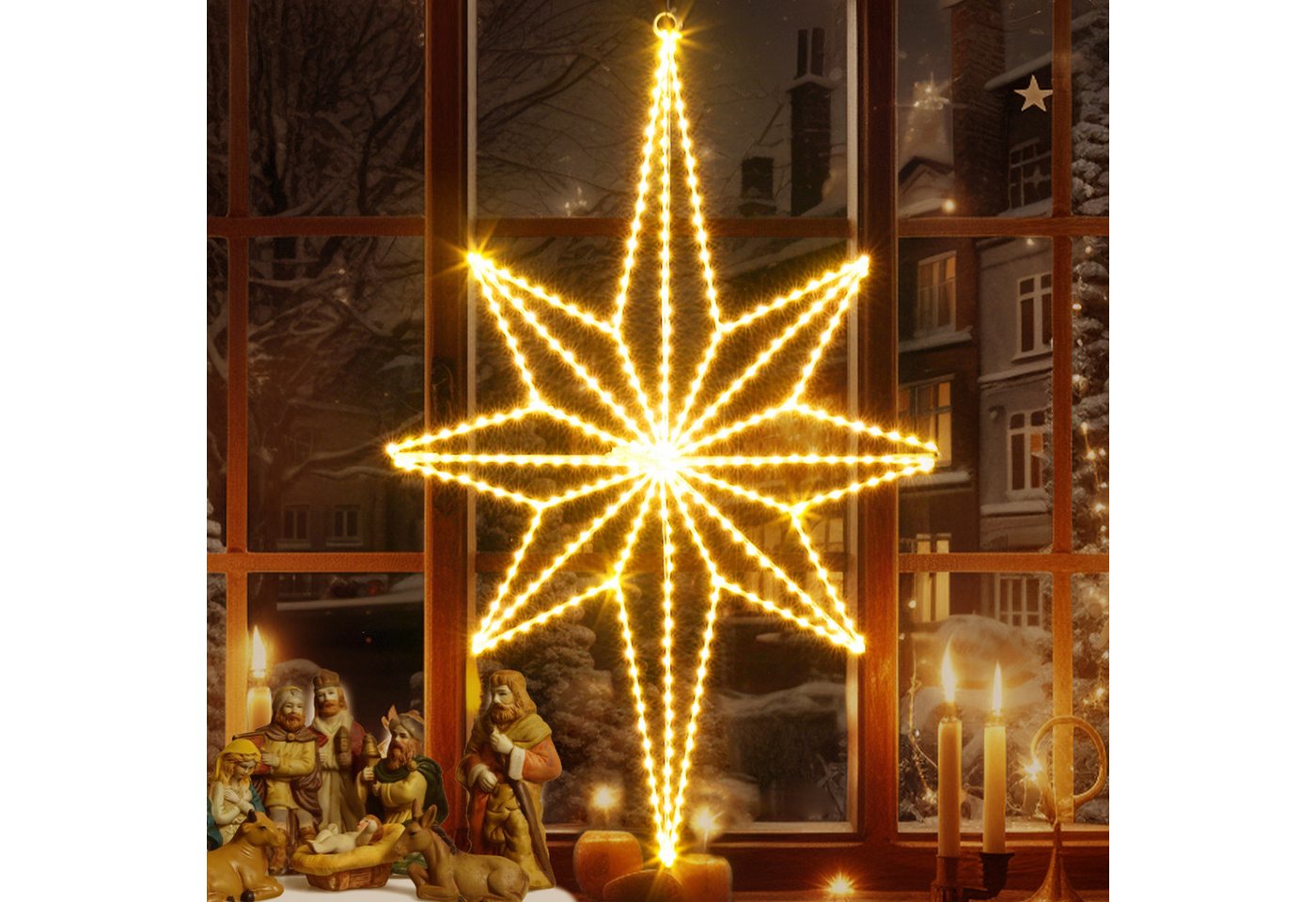 Quntis LED-Lichterkette LED Stern Fensterdeko, Warmweiß weihnachtsdeko, Faltbar, mit 3m Kabel, 62×39cm Bethlehemstern, 360 LEDs, IP20, inkl. Haken & Kabelbinder Bild 4