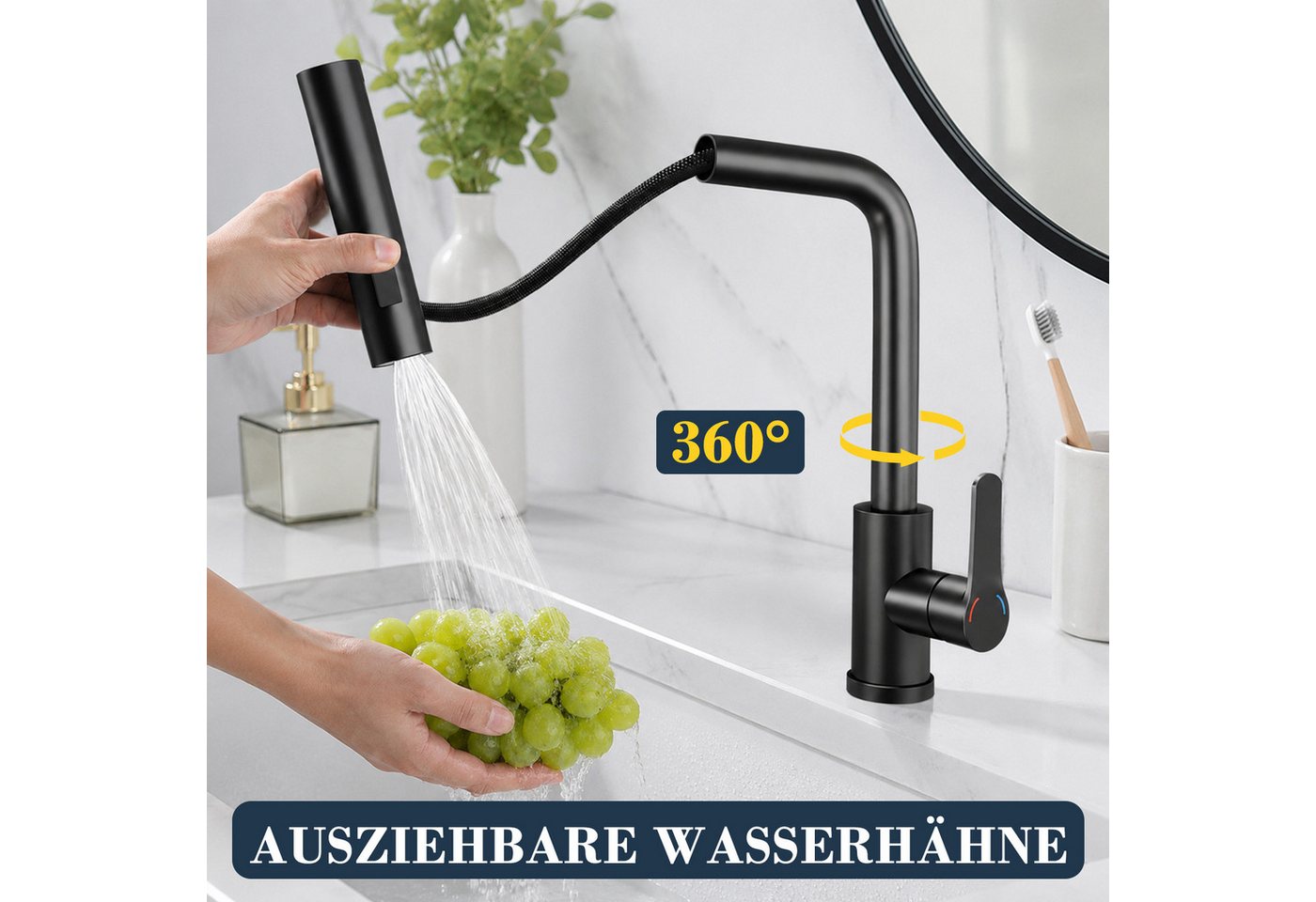 Ledklang Küchenarmatur Schwarz/Silber Edelstahl Optik ausziehbarer Brause Spültischarmatur (1-St) Einhebelmischer für Küchenspüle Armatur 360° Drehbar 3 Strahlarten Bild 2
