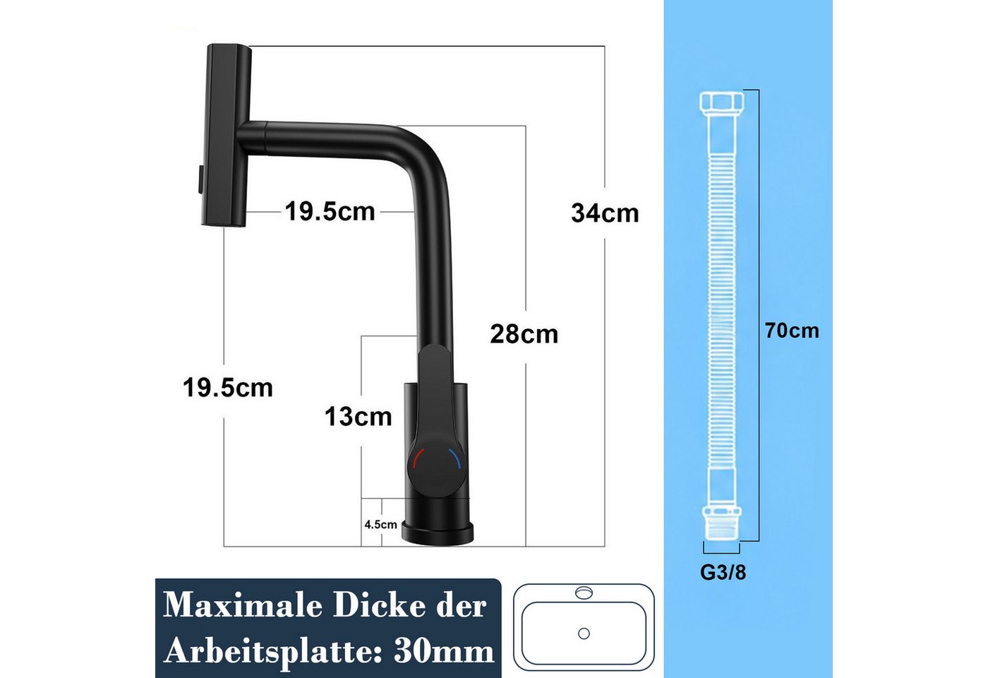 Ledklang Küchenarmatur Schwarz/Silber Edelstahl Optik ausziehbarer Brause Spültischarmatur (1-St) Einhebelmischer für Küchenspüle Armatur 360° Drehbar 3 Strahlarten Bild 4