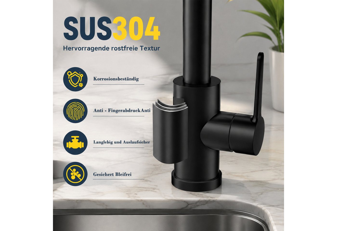 Ledklang Küchenarmatur Schwarz/Silber Edelstahl Optik ausziehbarer Brause Spültischarmatur (1-St) Einhebelmischer für Küchenspüle Armatur 360° Drehbar 3 Strahlarten Bild 5