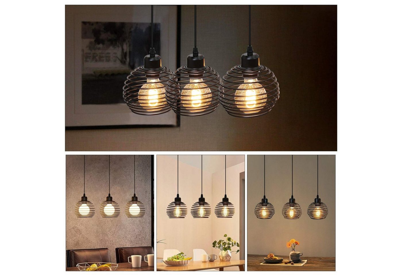 ZMH Pendelleuchte 3 Flammig Vintage Schwarz E27 Hängelampe Esstisch Metall Wohnzimmer, Hochwertige Design, LED wechselbar