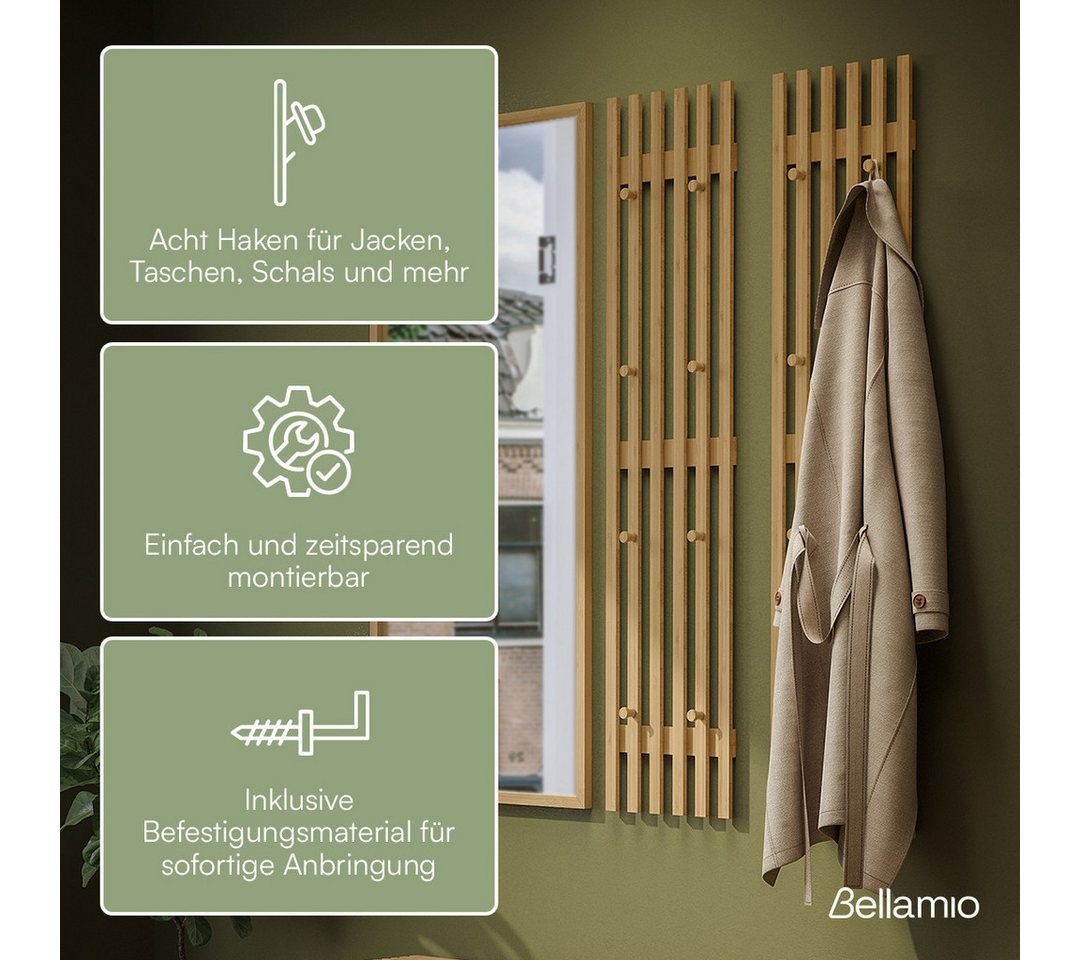Bellamio Garderobenpaneel Sava, Wandpaneel für Flur, 8 Kleiderhaken (2 St., 2er-Set), Flurgarderobe aus Bambus, 110x25 cm Bild 4