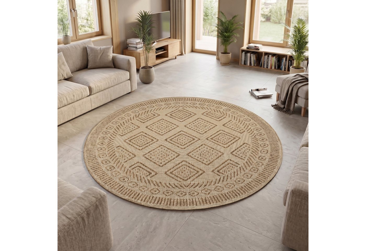 Teppium Teppich Ethno, Rund, Höhe: 3 mm, Teppich Wetterfest Waschbar Balkon, Garten, Terrasse und Küchenteppich