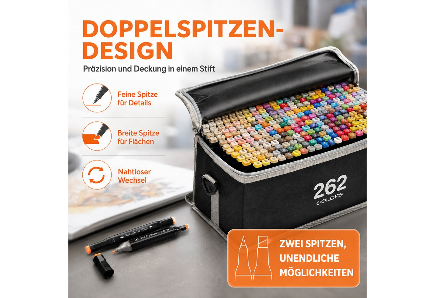 AKKEE Filzstift 204/262 Farben Filzstifte, Doppelte Spitze Permanent Marker Stifte Set, (262-tlg), mit Schwarzer Tragetasche und Abstandshalter für Malerei, Design