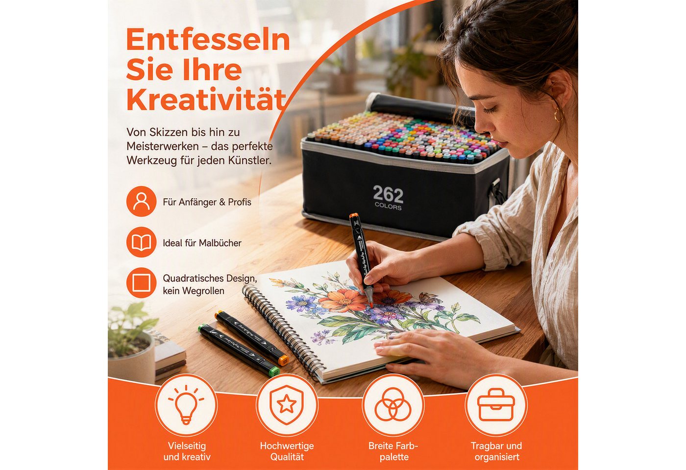 AKKEE Filzstift 204/262 Farben Filzstifte, Doppelte Spitze Permanent Marker Stifte Set, (262-tlg), mit Schwarzer Tragetasche und Abstandshalter für Malerei, Design Bild 3