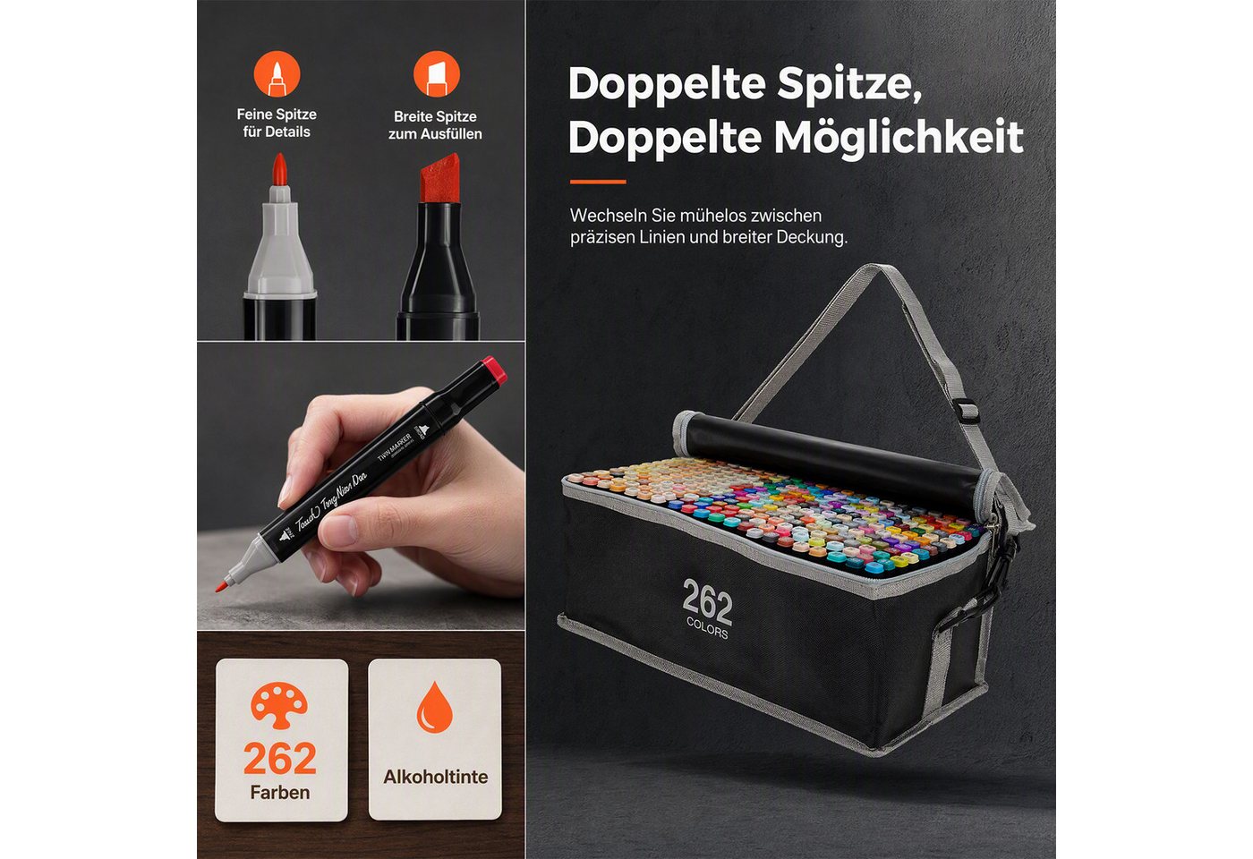 AKKEE Filzstift 204/262 Farben Filzstifte, Doppelte Spitze Permanent Marker Stifte Set, (262-tlg), mit Schwarzer Tragetasche und Abstandshalter für Malerei, Design Bild 4