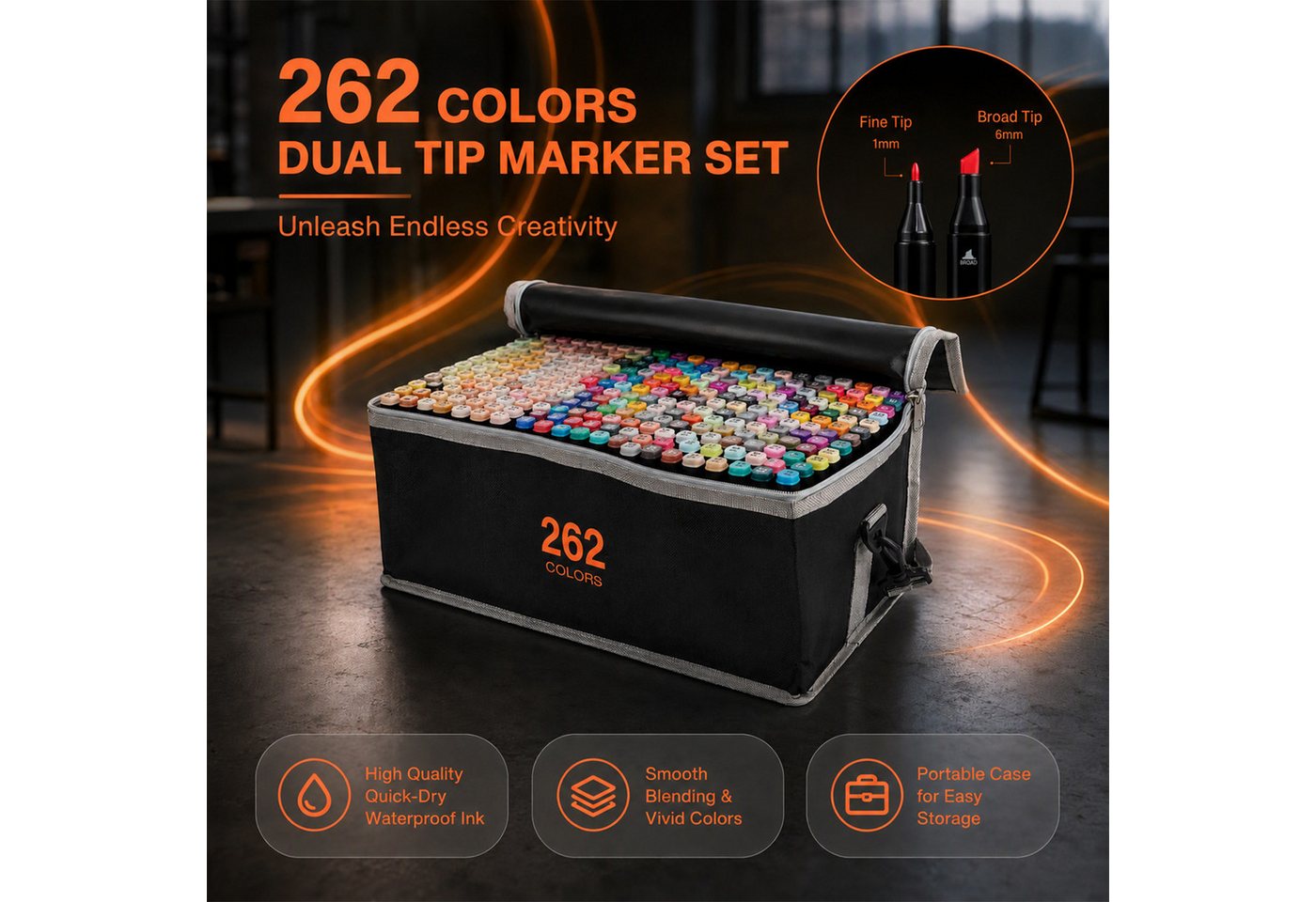 AKKEE Filzstift 204/262 Farben Filzstifte, Doppelte Spitze Permanent Marker Stifte Set, (262-tlg), mit Schwarzer Tragetasche und Abstandshalter für Malerei, Design Bild 5