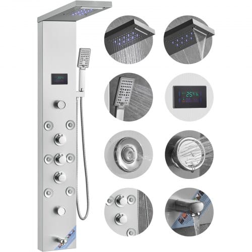Vevor Duschpaneelsystem, 6 Duschmodi, Led- Und Bildschirm-wasserkraft-duschpaneelturm, Regenfall, Wasserfall, 8 Massagedüsen, Wannenauslauf, Handbrause, Wandduschset Aus Edelstahl