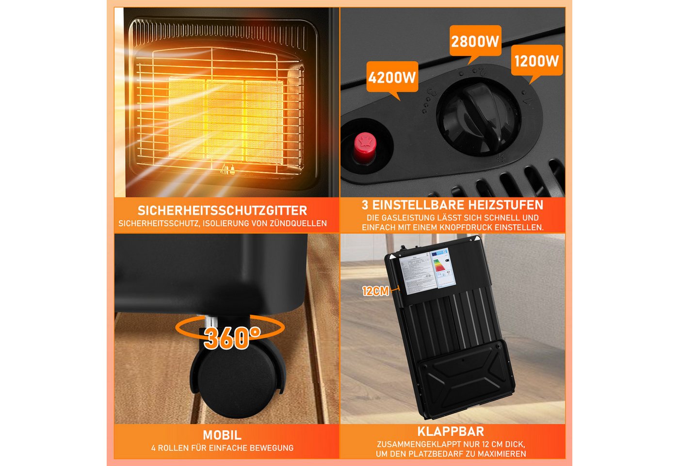 Clanmacy Heizgerät Gasheizung 4200W Keramik Gasheizer Heizstrahler 3 Stufen Gasofen, 4200 W Bild 4