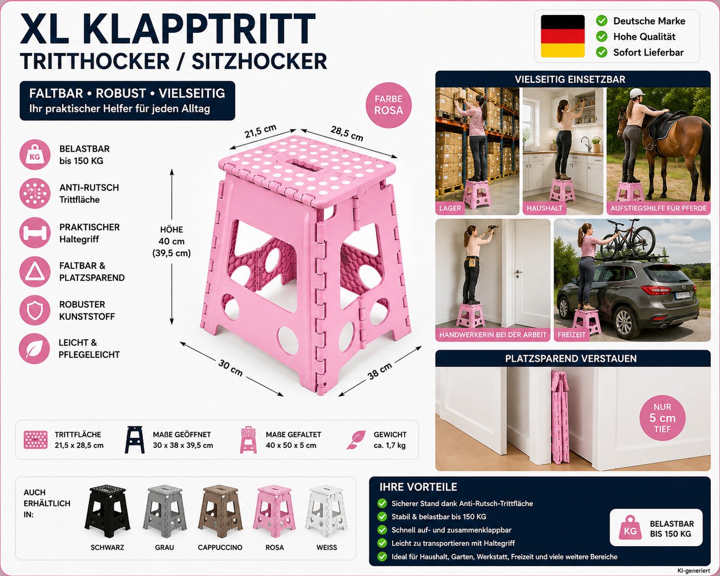 HH-Haushalt Klapptritt XL Klapphocker, Klapptritt, Steighilfe 40 cm faltbar bis 150 kg Rosa