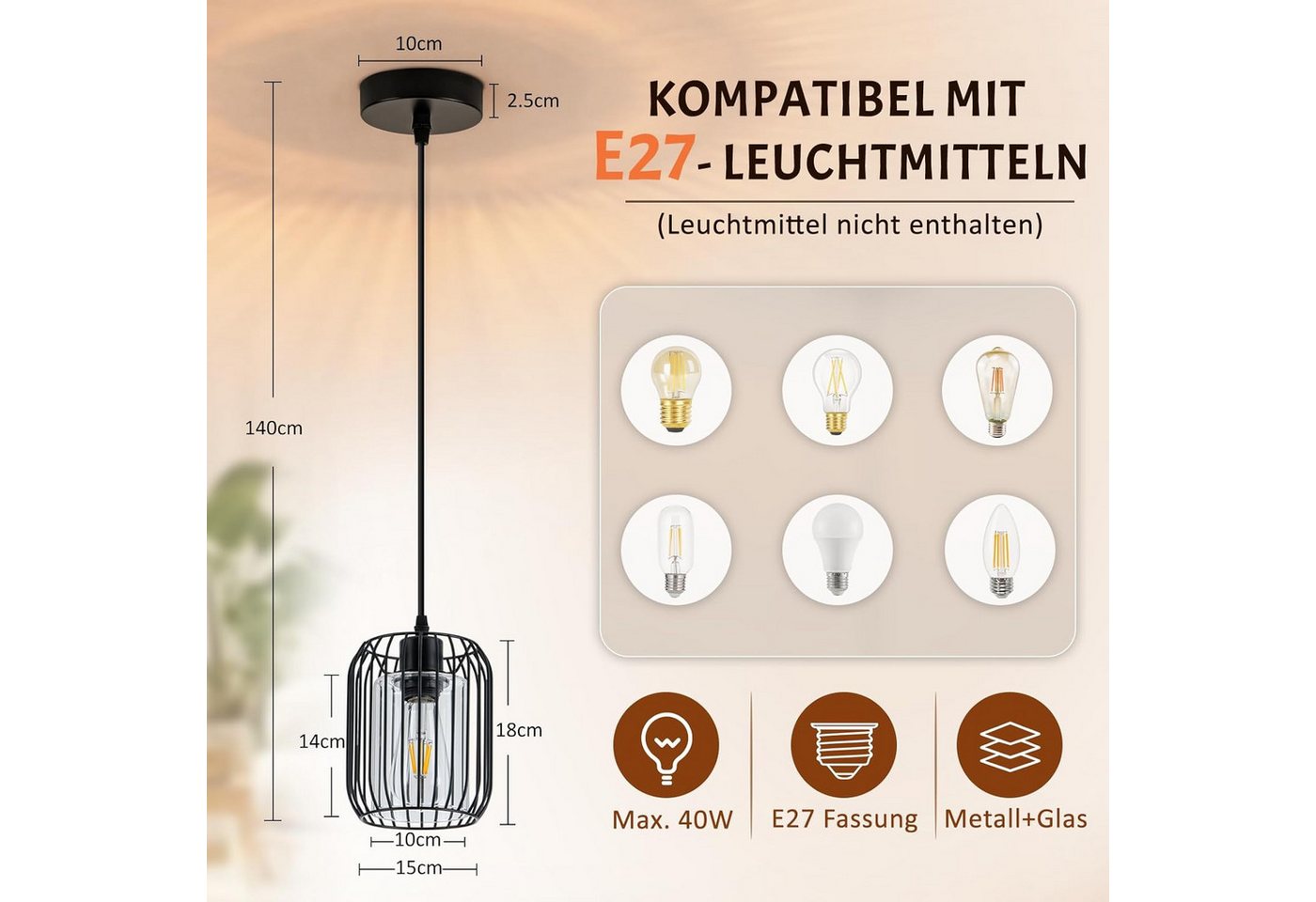 Nettlife Pendelleuchte Retro Schwarz Esstisch E27 Metall Industrie Stil Hängelampe, ohne Leuchtmittel, Retro Hängelampe für Esstisch Wohnzimmer Küche Bild 4