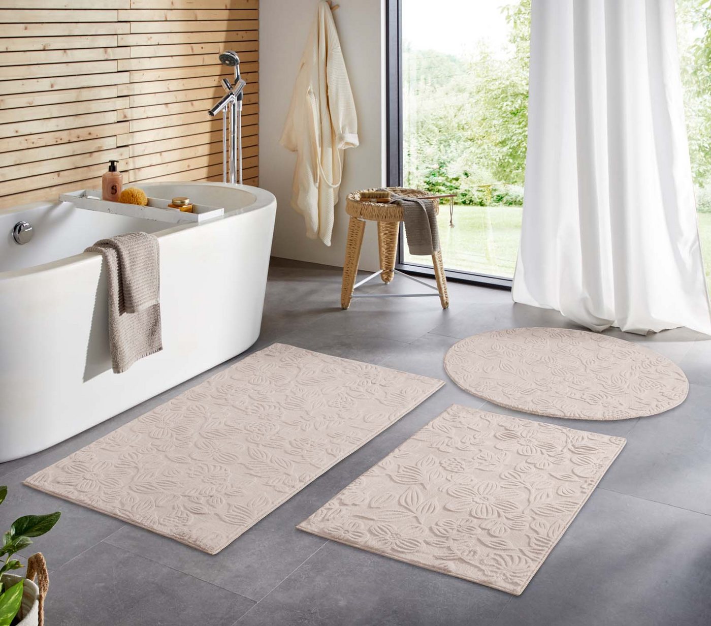 TaraCarpet Teppich TaraCarpet Homestyle 375 Flora, rund, Höhe: 10 mm, Blätteroptik hoch-tief weich waschbar beige 80x80 rund Bild 3
