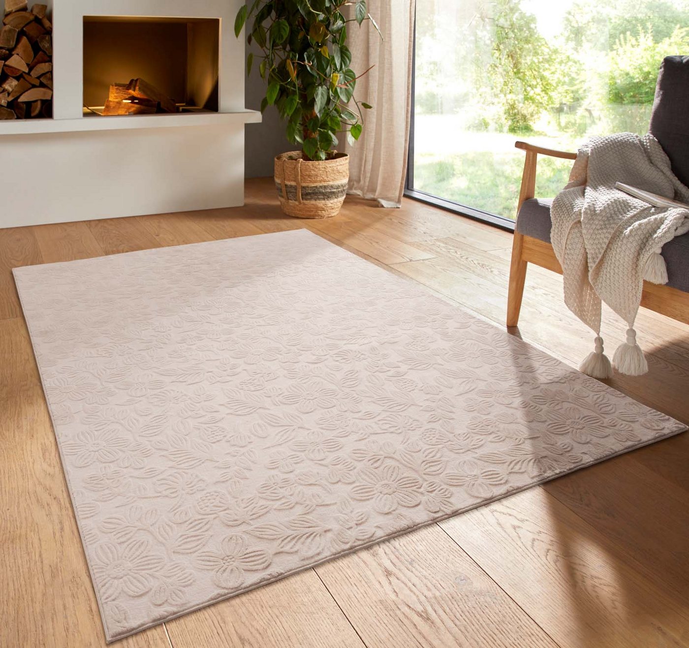 TaraCarpet Teppich TaraCarpet Homestyle 375 Flora, rund, Höhe: 10 mm, Blätteroptik hoch-tief weich waschbar beige 80x80 rund Bild 4