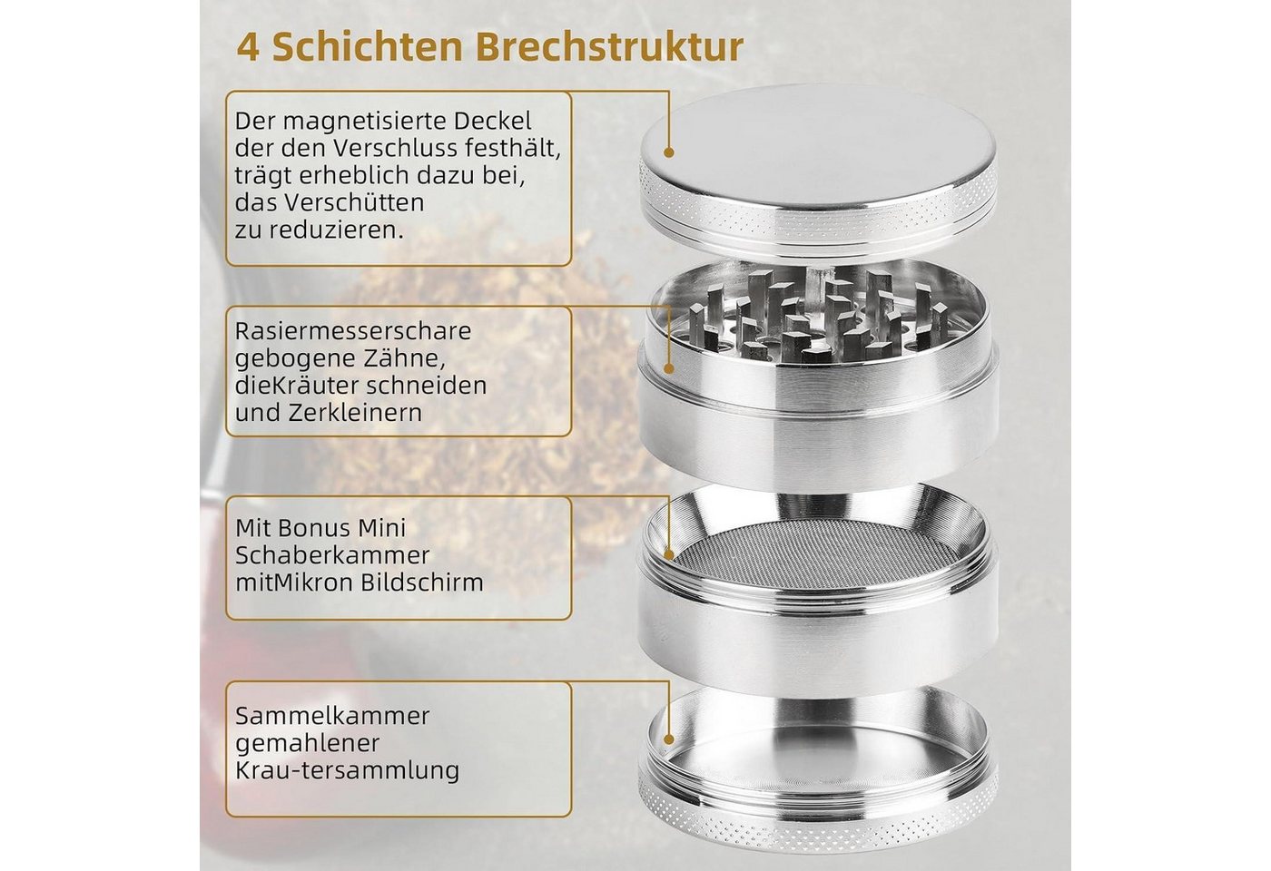 LuxusKollektion Grinder Kräutermühle 4-teilig 55mm Edelstahl Silber