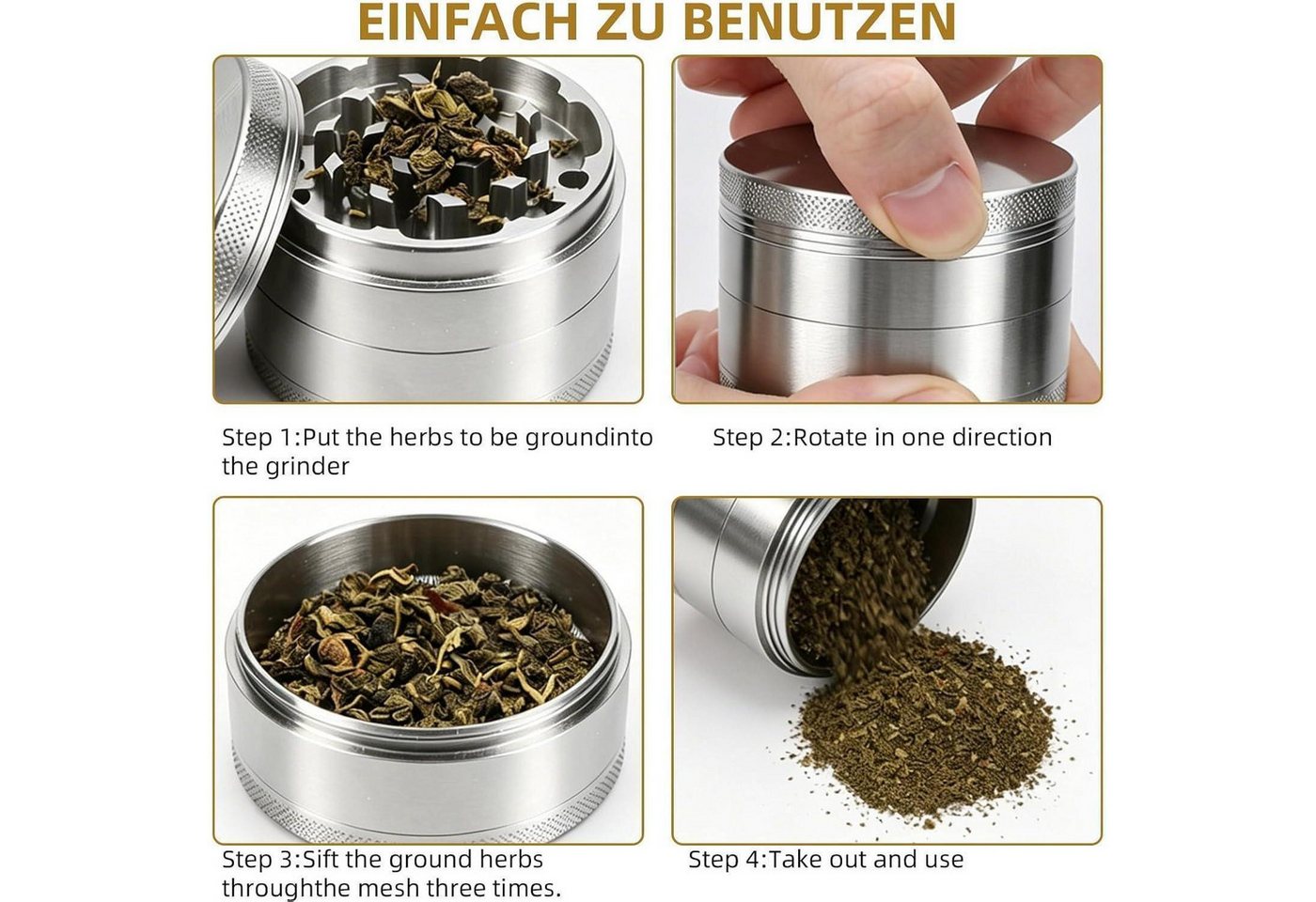 LuxusKollektion Grinder Kräutermühle 4-teilig 55mm Edelstahl Silber Bild 2