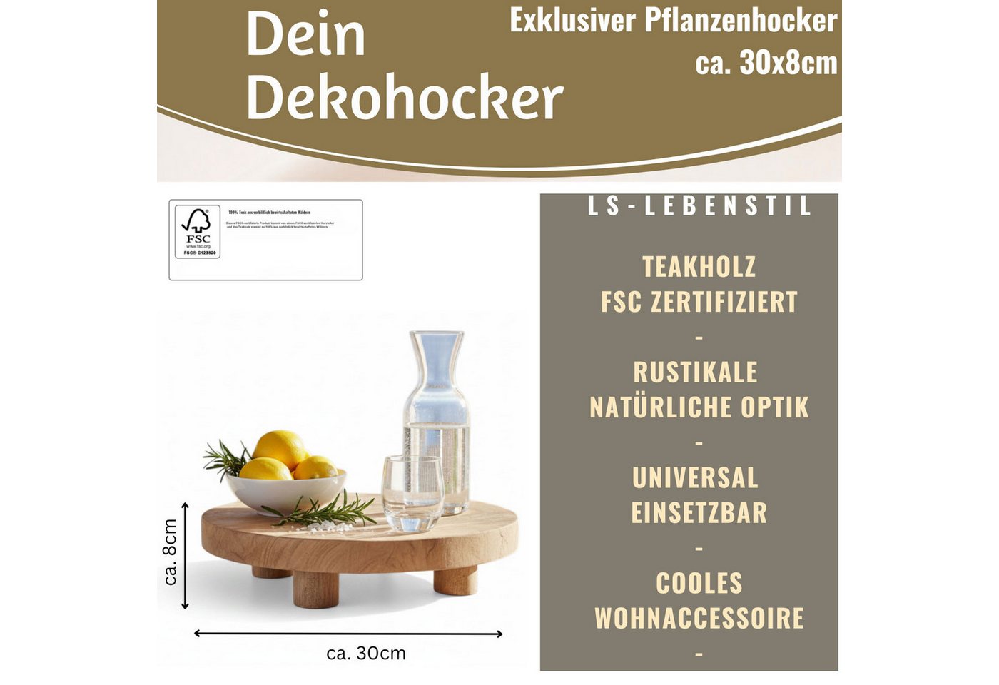 LS-LebenStil Blumenständer Pflanzenhocker Teak Holz XL 30x8cm Rund Mini Tisch Deko Tablett Blumen (Design Deko Hocker Teak Holz 18x15cm Mini Tisch rustikales Tischchen, 1 St., Braun 4 Füße kleiner Pflanzenständer Pflanzentisch Holzhocker Deko), FSC zertifiziert