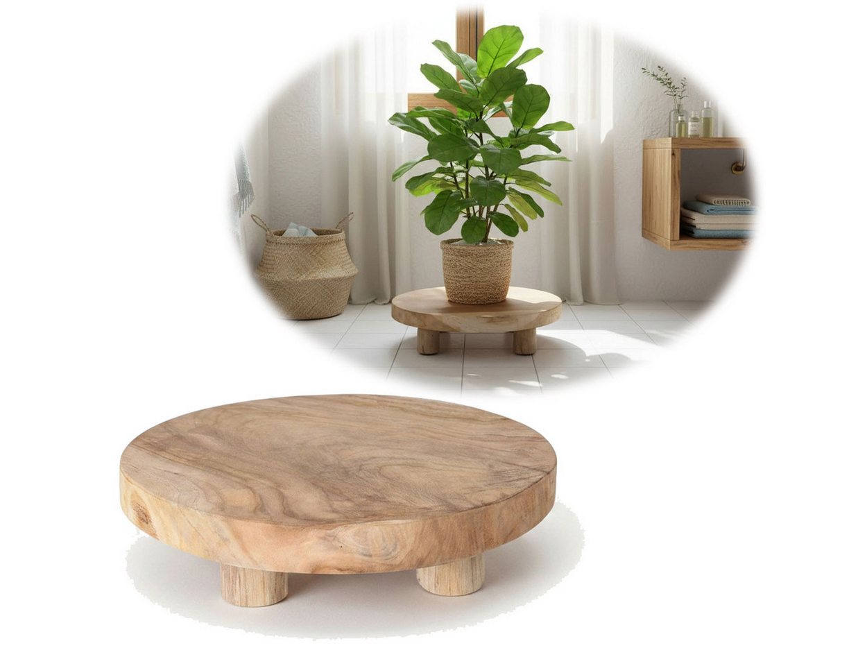 LS-LebenStil Blumenständer Pflanzenhocker Teak Holz XL 30x8cm Rund Mini Tisch Deko Tablett Blumen (Design Deko Hocker Teak Holz 18x15cm Mini Tisch rustikales Tischchen, 1 St., Braun 4 Füße kleiner Pflanzenständer Pflanzentisch Holzhocker Deko), FSC zertifiziert Bild 2