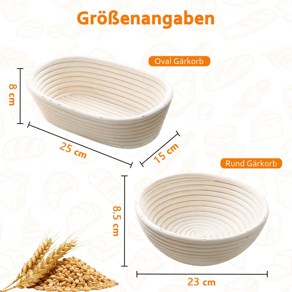 GLIESE Gärkorb Gärkorb Set mit Brotbacken Bäckermesser Gärkörbchen Oval, (8-tlg), Baskets 25x15x8 cm, 23x8,5 cm
