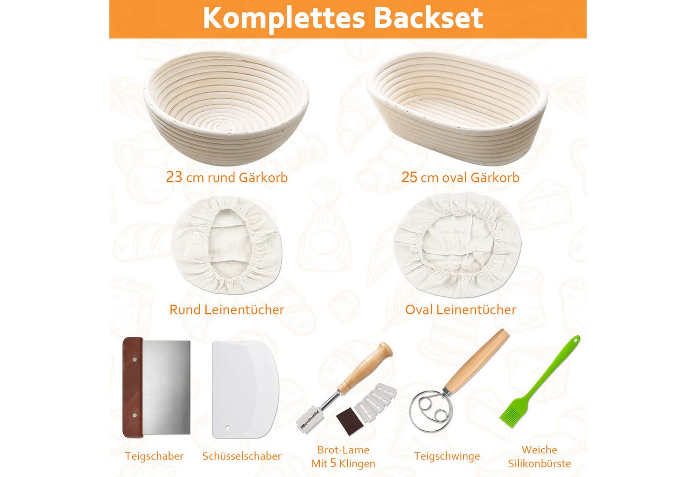 GLIESE Gärkorb Gärkorb Set mit Brotbacken Bäckermesser Gärkörbchen Oval, (8-tlg), Baskets 25x15x8 cm, 23x8,5 cm Bild 4