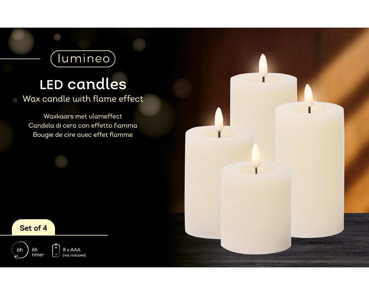 Lumineo LED-Christbaumkerzen Lumineo LEDLED Wachskerzen 4er-Set Weiß, batteriebetrieben, 6h-Timer, IP-20, Indoor, Flacker-Effekt, AAA Batterien Bild 2