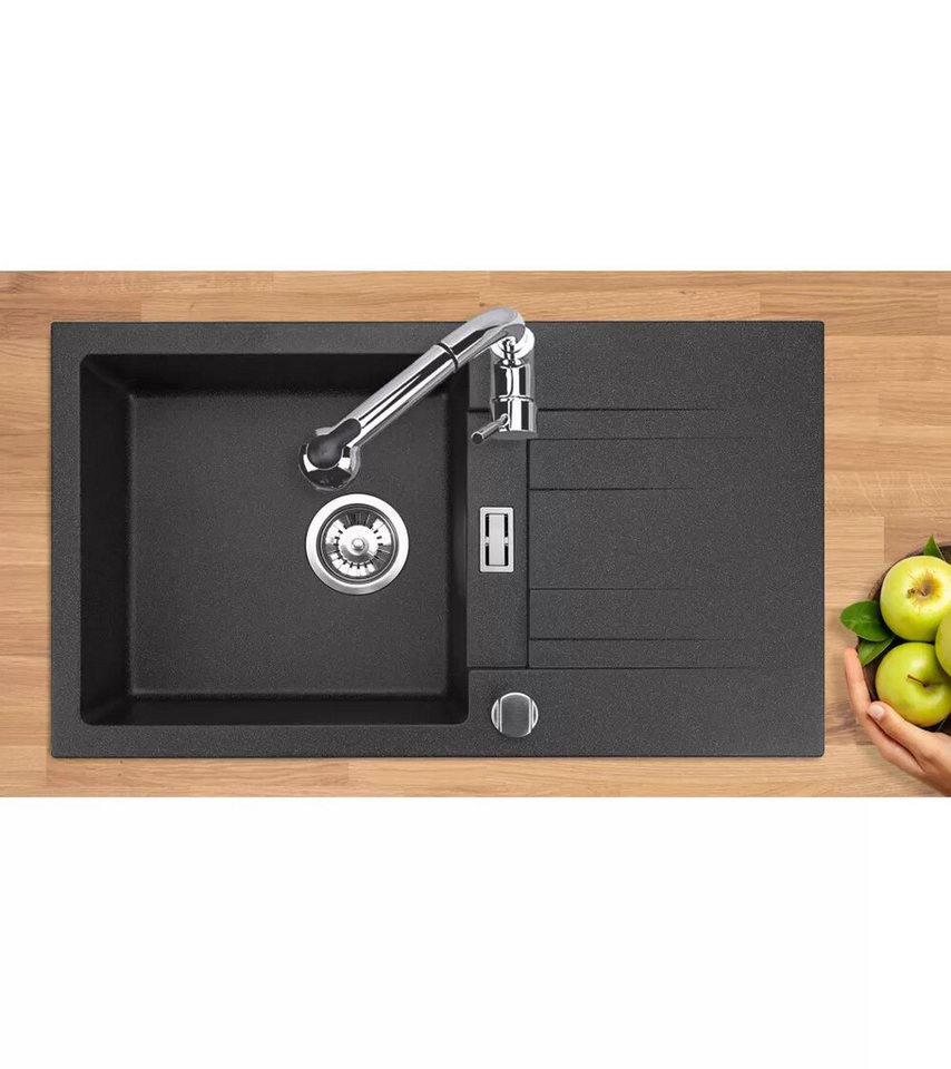 inter Granitspüle Rom inkl. Siphon und Befestigungsmaterial 76 x 19 x 44 cm, Komplett-Set, (76 x 19 x 44 cm, Schwarz inkl. Siphon und Befestigungsmaterial), hitzebeständig und besonders robust, moderne Naturstein-Optik