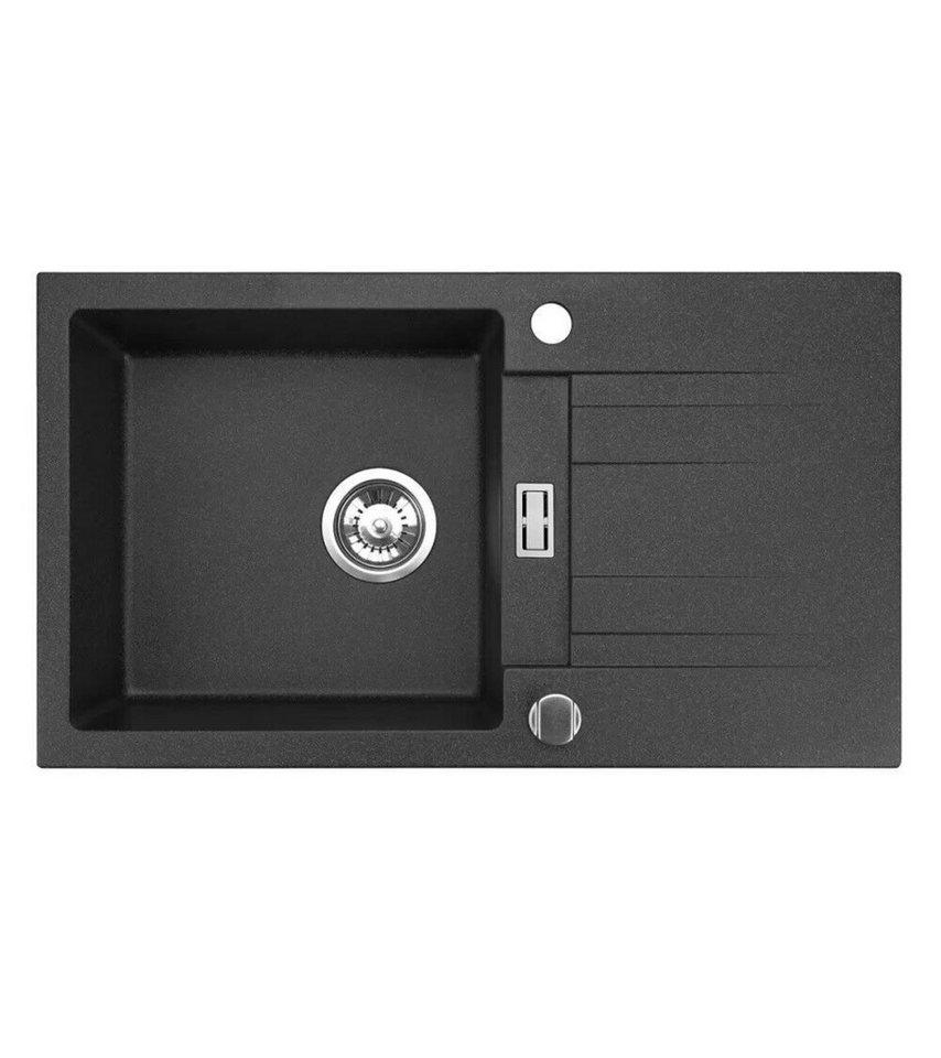 inter Granitspüle Rom inkl. Siphon und Befestigungsmaterial 76 x 19 x 44 cm, Komplett-Set, (76 x 19 x 44 cm, Schwarz inkl. Siphon und Befestigungsmaterial), hitzebeständig und besonders robust, moderne Naturstein-Optik Bild 2