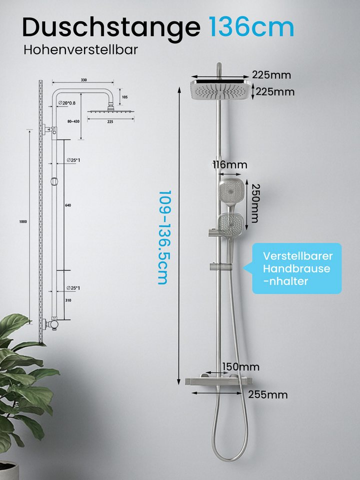Youyijia Duschsystem Duschsystem mit Thermostat, Duscharmatur Komplettset schwarz Bild 4