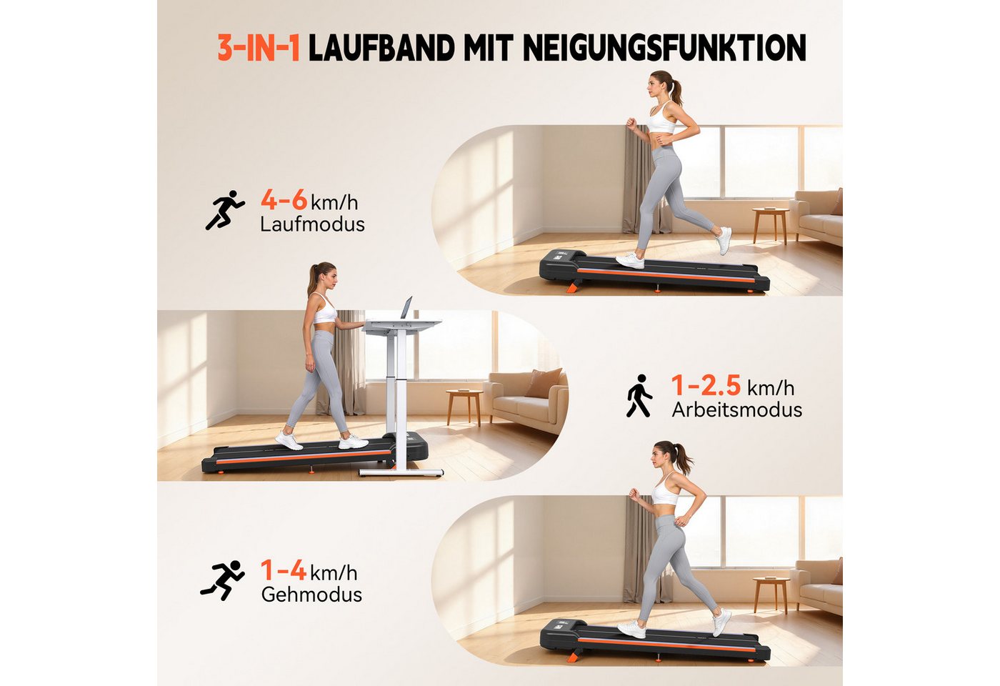 kehot Laufband Walking Pad mit Steigung für Homeoffice und Zuhause (6% und 12% Steigung für intensiveres Gehtraining, Unter Schreibtisch für mehr Bewegung im Alltag), Kompakt, leise und platzsparend zu verstauen