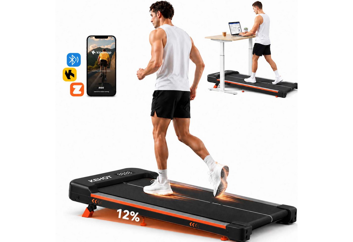 kehot Laufband Walking Pad mit Steigung für Homeoffice und Zuhause (6% und 12% Steigung für intensiveres Gehtraining, Unter Schreibtisch für mehr Bewegung im Alltag), Kompakt, leise und platzsparend zu verstauen Bild 2