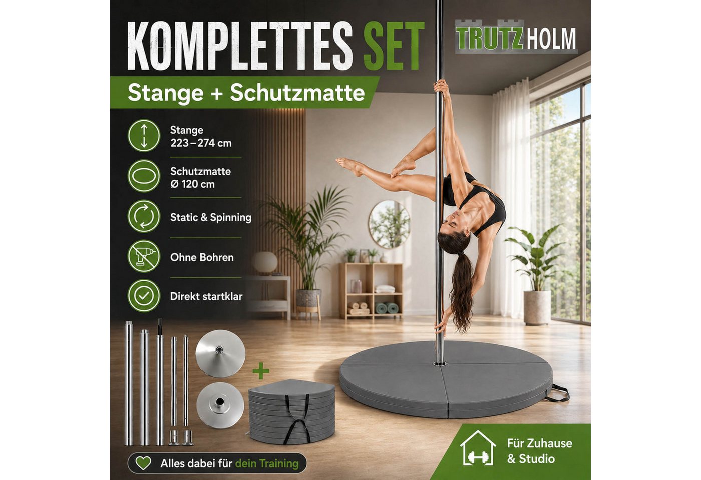 TRUTZHOLM Pole Dance Stange Set mit Profi Tanzstange Chrome 223–274 cm & Schutzmatte grau Ø 120cm, Static & Spinning ohne Bohren