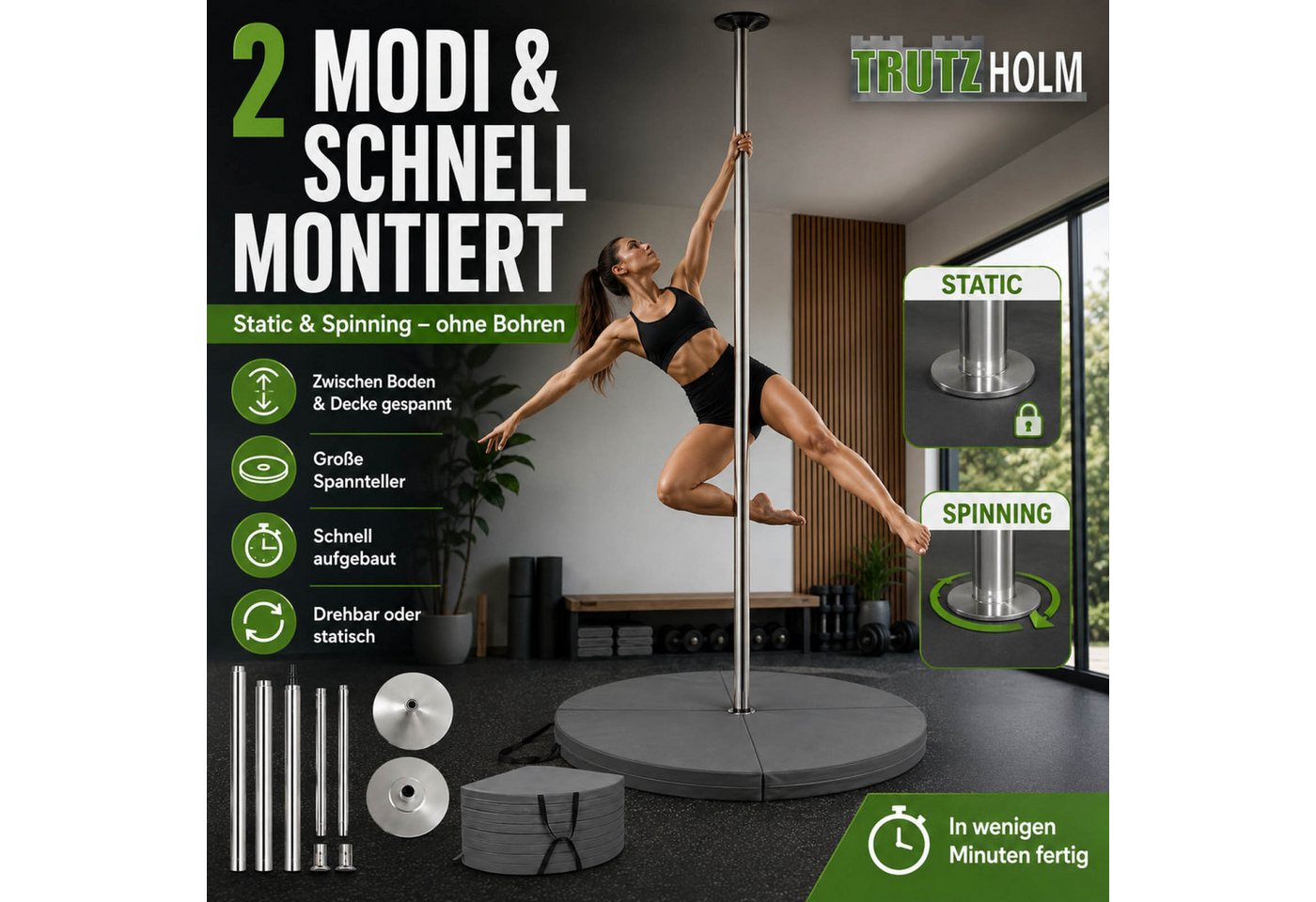 TRUTZHOLM Pole Dance Stange Set mit Profi Tanzstange Chrome 223–274 cm & Schutzmatte grau Ø 120cm, Static & Spinning ohne Bohren Bild 2