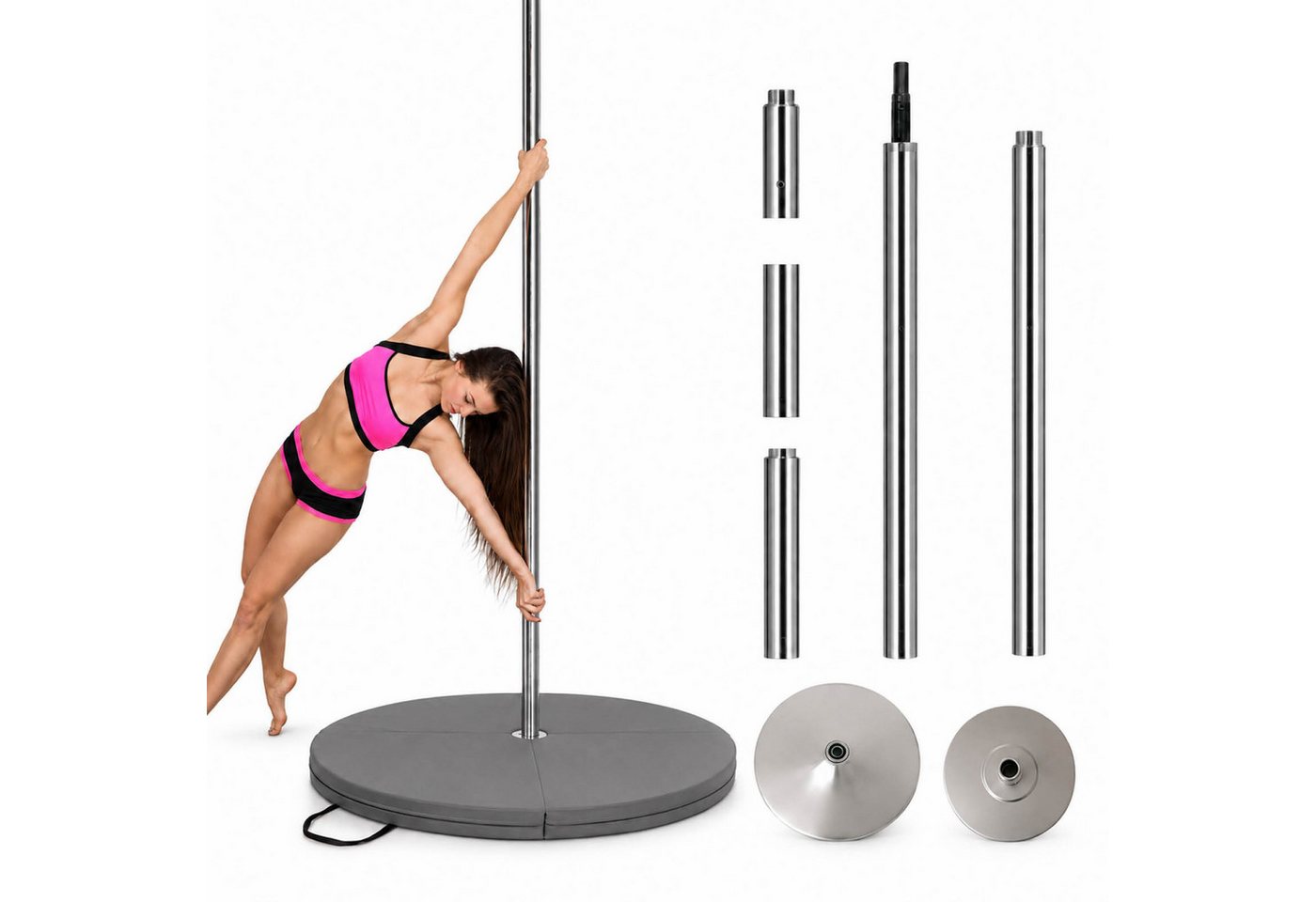 TRUTZHOLM Pole Dance Stange Set mit Profi Tanzstange Chrome 223–274 cm & Schutzmatte grau Ø 120cm, Static & Spinning ohne Bohren Bild 3