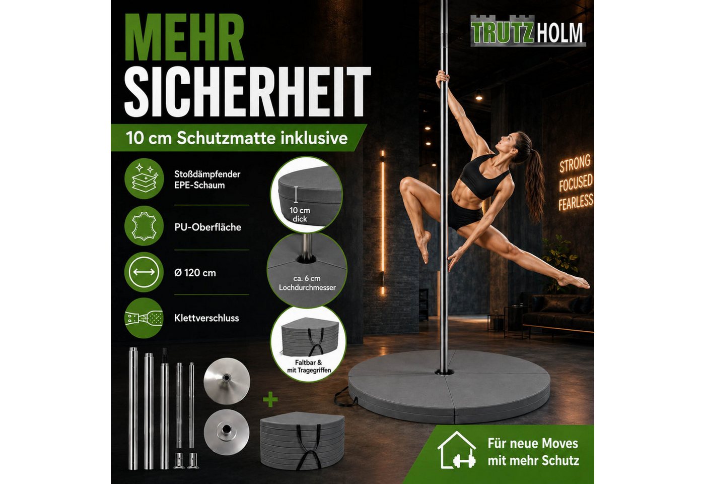 TRUTZHOLM Pole Dance Stange Set mit Profi Tanzstange Chrome 223–274 cm & Schutzmatte grau Ø 120cm, Static & Spinning ohne Bohren Bild 4