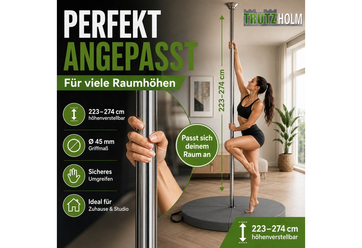 TRUTZHOLM Pole Dance Stange Set mit Profi Tanzstange Chrome 223–274 cm & Schutzmatte grau Ø 120cm, Static & Spinning ohne Bohren Bild 5