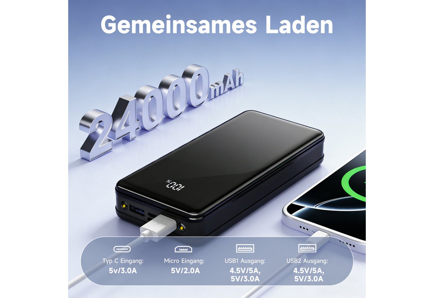 Pdgrid 24000 mAh 22,5 W 4 Ausgänge mit LED-Display Travel Battery Pack Powerbank 4 Ausgänge: 2x USB-A, 1×Type-C, 1×Micro 24000 mAh, Aufladen Ladegerät Bild 4
